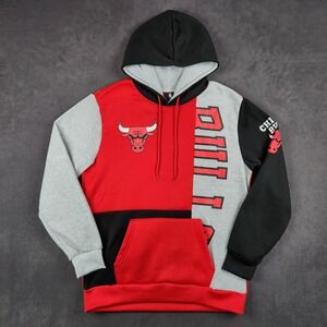 Chicago Bulls NBA Hoodie Mens Medium Red Black Grey Colorblock Graphic Pullover